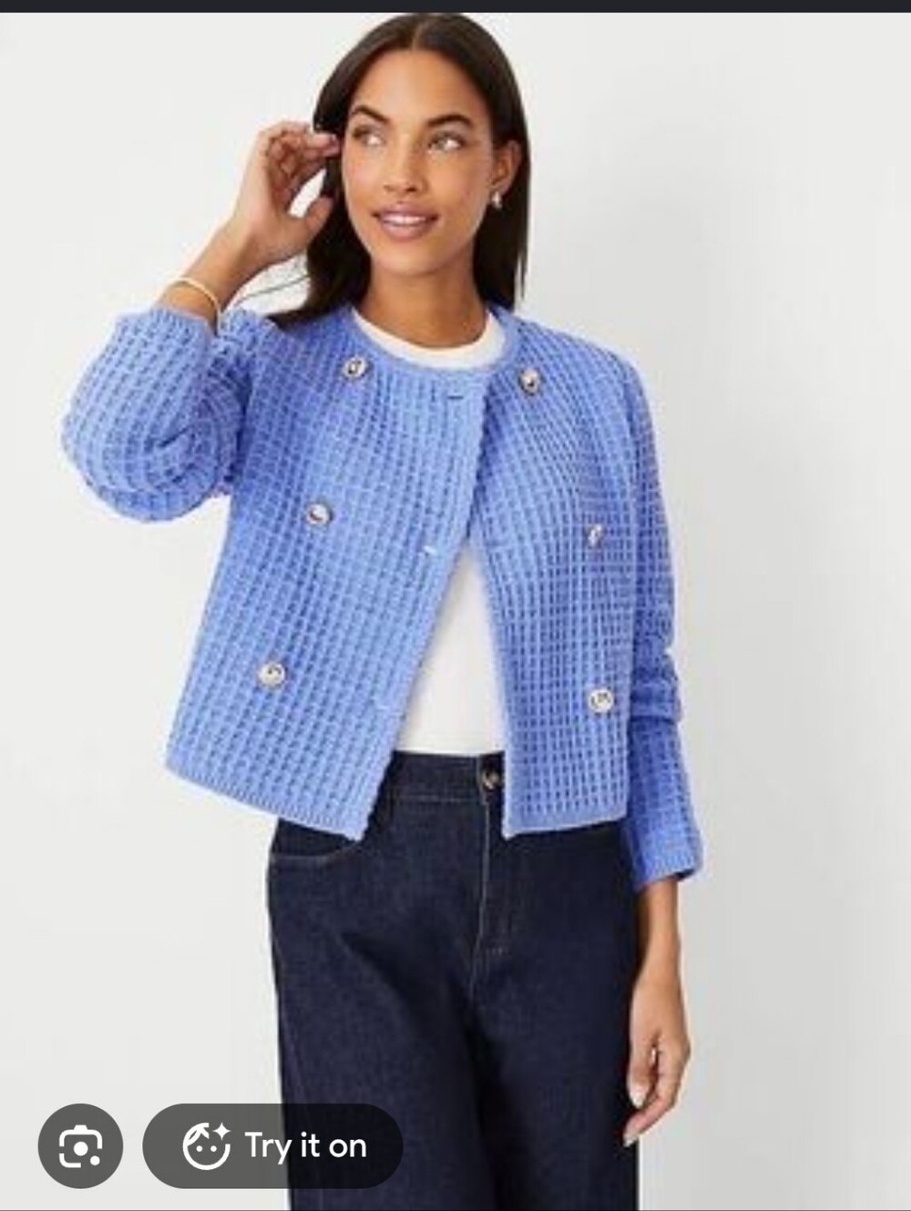 Ann Taylor Light Periwinkle Waffle Knit Cropped Jacket